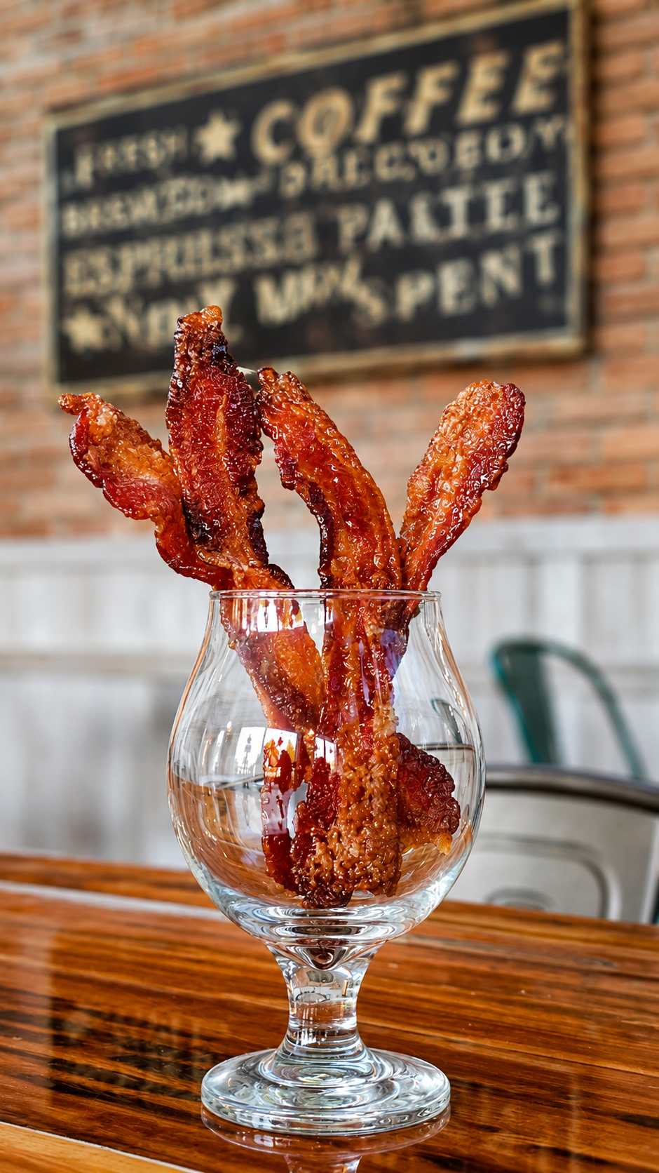 Candied bacon strips served upright in a tulip glass against a vintage coffee sign